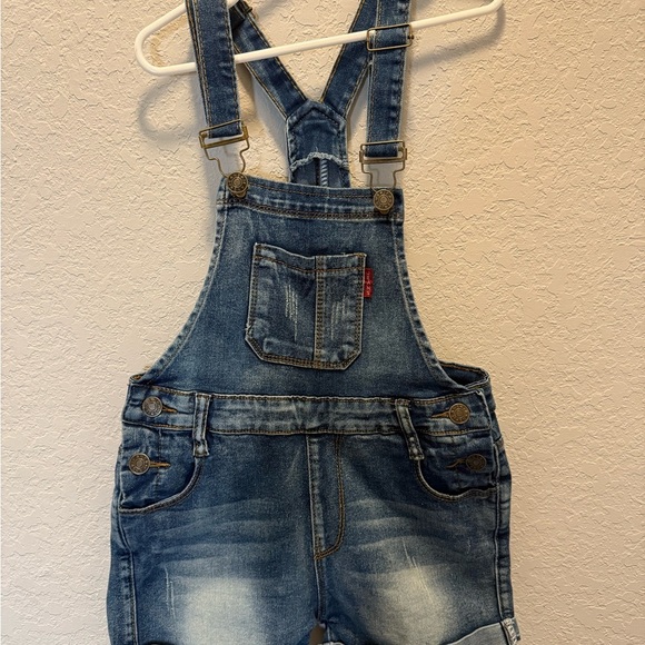 Sitmptol Girls little big kids distressed BF jeans denim overalls size 7/8 years - Picture 2 of 3